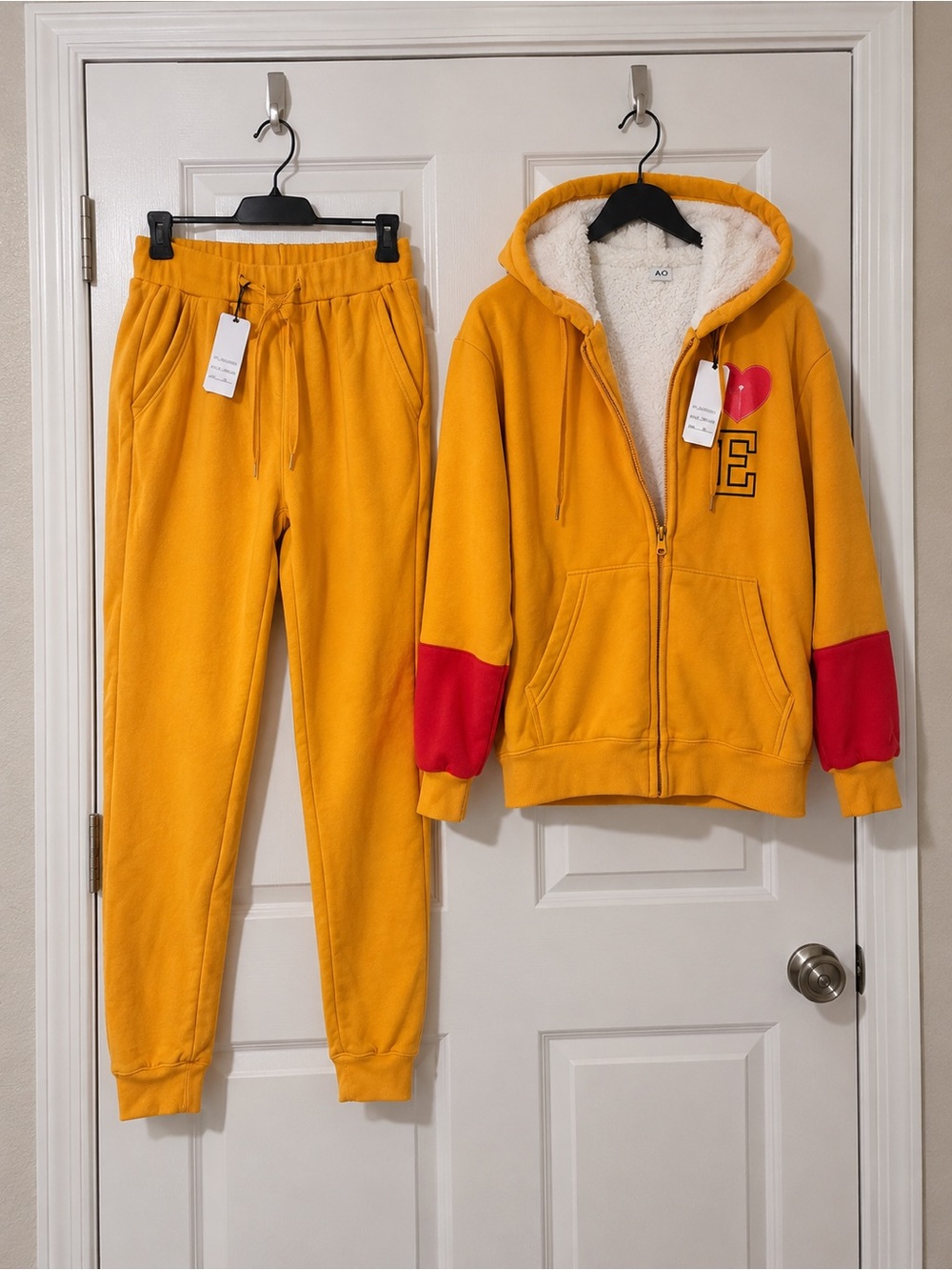 Cozy Yellow Sherpa-Lined Hoodie & Jogger Pajama Set with Red Sleeve Accents